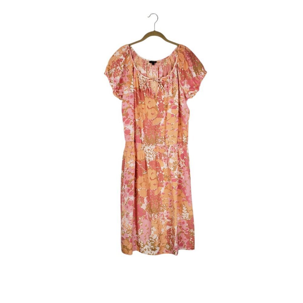 Talbots Short Sleeve Silk Midi Dress Smocked Tie Lightweight Pink Orange Size X